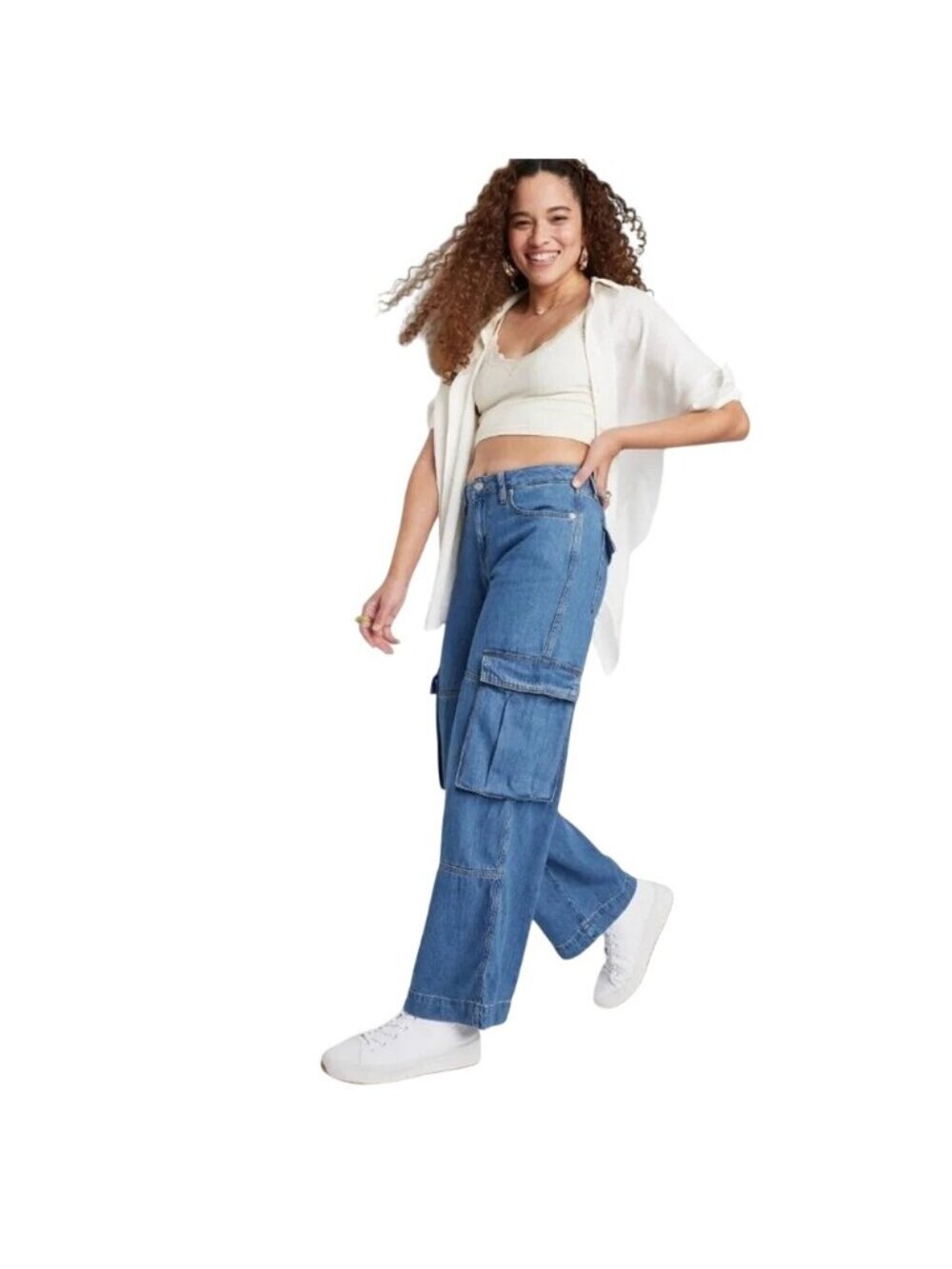Wild Fable Mid-Rise Baggy Cargo Jeans 10 Blue With Pockets And Loops
